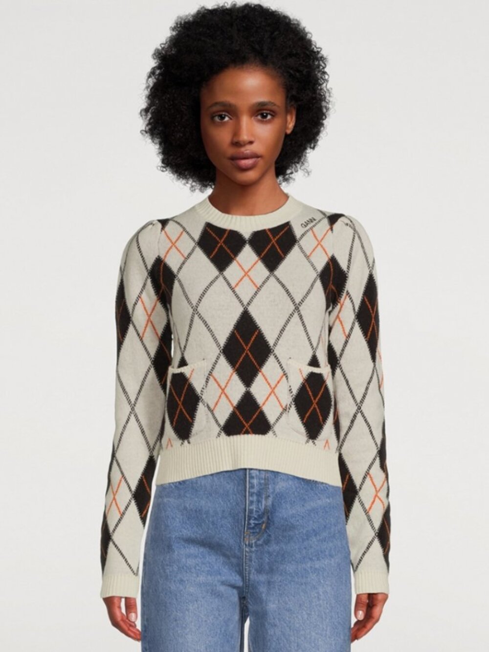 Ganni Argylle Plaid 80% Wool Knit Cropped Crewneck Sweater